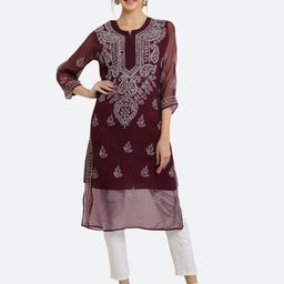 FAWOMENT Women Floral Embroidered Chikankari Handloom Georgette Kurta-image-45