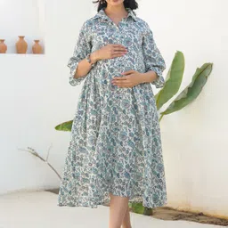 Janasya Floral Printed Pure Cotton A-line Maternity Ethnic Dress-image-89
