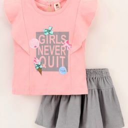 ToffyHouse Frill Sleeves Top & Skirt Set Text Print - Peach-picture-46