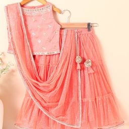 Babyhug Woven Sleeveless Choli & Lehenga Set With Dupatta Ethnic Embroidered - Peach-picture-7