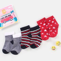 Cutewalk By Babyhug Anti Bacterial Ankle Length Non Terry Socks Star Design Pack of 3- Red & Grey-image-85