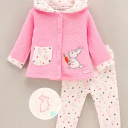Little Darlings Full Sleeves Hooded Winter Wear T-Shirt & Lounge Pant Set Bunny Patch - Pink-picture-34