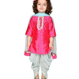 Saka Designs By Sapna Three Fourth Sleeves Ethnic Motif Foil Printed With Mirror Work Lace Embellished Kurta & Dhoti With Dupatta - Fuchsia Pink & Blue-image-35