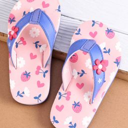 Cute Walk by Babyhug Slip On Flip Flops with Heart & Strawberry Print & Floral Applique - Pink-image-10