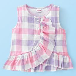 Babyhug Rayon Woven Sleeveless  Top with Checks & Frill Design - Pink & Purple-image-95