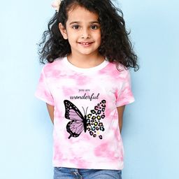NUSYL Half Sleeves Tie Dye Effect & Butterfly Printed Tee - Pink-image-79
