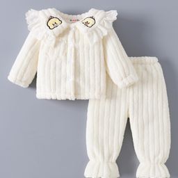 Kookie Kids Full Sleeves Winter Wear Night Suit With Frill Detail & Duck Applique - Cream-image-56