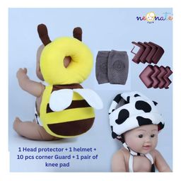 Neonate Care Baby Helmet(white black dotted helmet) Baby Head Protector (yellow head protector) With Knee pad(multicolor) and 10 pcs corner guards (pack of 4)( color and design may vary)-11
