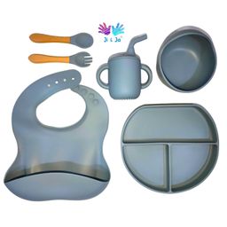 Ji and Ja 6Pcs Food Grade Silicone, Bpa-Free & Microwave Safe Baby Feeding Essentials Three Portion Plate, Bib, Bowl, Sipper & Fork & Spoon (Multi Colour)-image-69