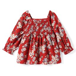 Babyhug Rayon Woven Full Sleeves Top With Smocking Detailing & Floral Print - Red-image-43