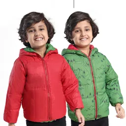 Little Kangaroos Knit Full SleevesMountain Theme Print Padded Hooded Winter Jacket with Kangaroo Pockets -Green & Red-picture-9