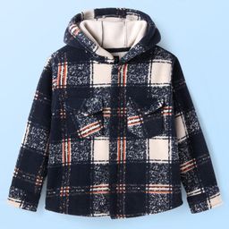 Pine Kids Woven Full Sleeves Checkered Hooded Winter Jacket - Navy Blue-image-21