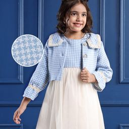 Mark & Mia Checkered Party Frock & Bell Sleeves Jacket With Lace Detailing - Light Blue & White-image-26