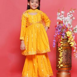 Little Bansi Full Sleeves Striped Foil Printed Kurta With Attached Jacket & Coordinating Sharara & Dupatta Set - Yellow-image-19