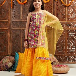 Pspeaches Cotton Sleeveless Floral Printed & Gota Lace Embellished Kurta Sharara With Dupatta Set - Magenta-image-51
