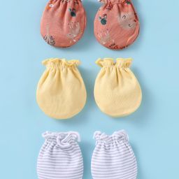 Ben Benny 100% Cotton Knit Mittens With Stripes & Animal Print Pack of 3 - Yellow Grey & Peach-image-44