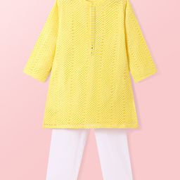 Babyhug Woven Full Sleeves Solid Kurta Pyjama Set - Yellow-image-59