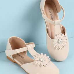 Pine Kids Velcro Closure Solid Coloured Ballerina With Floral Applique - Beige-image-99