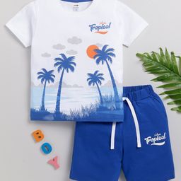 Little Ninja Cotton Half Sleeves Tropical Theme Printed Coordinating Tee & Shorts Set - Blue-image-24