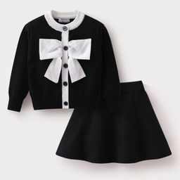 Mark & Mia Viscose Full Sleeves Bow Applique Sweater With Skirt Set - Black & White-image-47