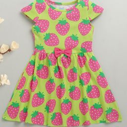 BUMZEE Cotton Knit Cap Sleeves Strawberry Printed Dress With Bow Applique - Light Green-picture-3