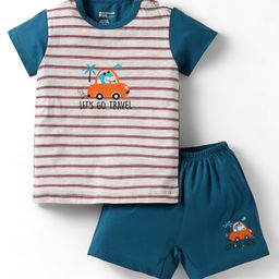 Bodycare Cotton Knit Half Sleeves T-Shirt & Shorts Set With Car Print - Light Grey & Teal Blue-image-72