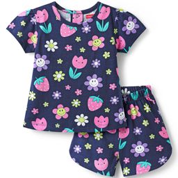 Babyhug Cotton Knit Half Sleeves Shorts Co-Ord Night Suit With Floral & Fruit Print - Navy Blue-image-79