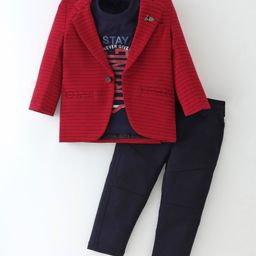 Dapper Dudes Full Sleeves Striped Blazer With Typography Printed Tee & Pant - Red-image-70