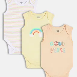 MINI KLUB Cotton Knit Pack Of 3 Sleeveless Striped & Typography Printed Onesies - Yellow Peach & White-picture-2