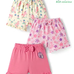 Babyoye 100% Cotton Knit With Eco Jiva Finish Shorts with Floral Print & Bow Applique Pack of 3 - Cream & Dark & Light Pink-picture-9