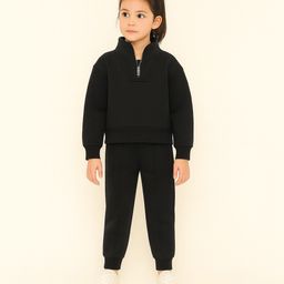 Aww Hunnie Terry Knit Full Sleeves Solid Sweatshirt & Joggers Set - Black-picture-4