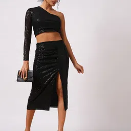 Globus Black Embellished Sequinned One Shoulder Crop Top With Ruched Midi Skirt-picture-17