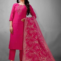 NE STYLE Women Ethnic Motifs Embroidered Regular Mirror Work Kurta with Trousers & Dupatta-image-25