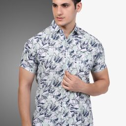 D Finish Smart Floral Printed Spread Collar Cotton Linen Casual Shirt-image-77