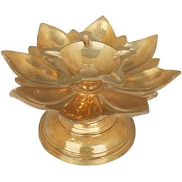 Exotic India Gold-Toned Five Wicks Lotus Deepam Diya Brass Pooja Essentials-image-79