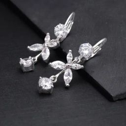 Priyaasi Silver-Plated American Diamond Studded Floral Pattern Dangler Earrings-46