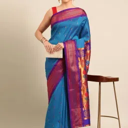 Varkala Silk Sarees Turquoise & Purple Woven Saree With Unstitched Blouse-image-87