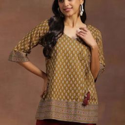 Libas Olive Green Cotton Floral Print Angrakha Kurti-image-6