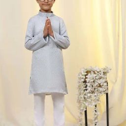 Pro-Ethic Style Developer Boys Grey Cotton Printed Full Sleeves Self Design Kurta Sets-11
