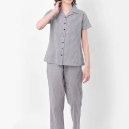 Clovia Grey Striped Shirt & Pyjama Set-image-51