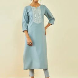 Soch Grey Rayon Floral Embroidered Yoke Straight Kurta with Pocket-image-1