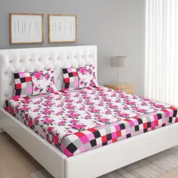 Romee Geometric Peach & Black 144 TC Cotton Queen Sized Bed Sheet with 2 Pillow Covers-image-42
