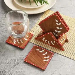VarEesha Snow Leaf Brown Sheesham Wood Square-Shaped Coaster With Holder - Set of 4-15