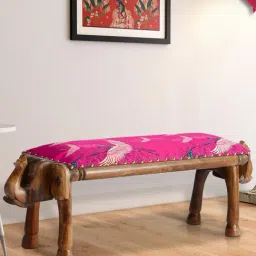 India Circus by Krsnaa Mehta Legend of the Cranes Printed Red Acacia Wood Bench-11