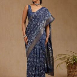 Soch Indigo Viscose Printed Saree With Unstitched Blouse Piece-picture-0