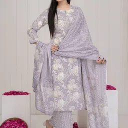 Gs Fashions Floral Printed Keyhole Neck Pure Cotton Straight Kurta With Trousers & Dupatta-image-27