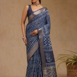 Soch Indigo Viscose Printed Saree With Unstitched Blouse Piece-picture-23