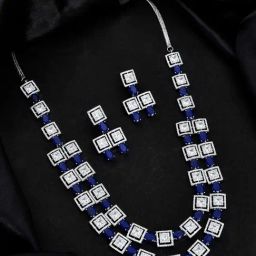 Voylla Silver Sparkling Essentials Blue Sparkle American Diamond Necklace & Earring Set-picture-32
