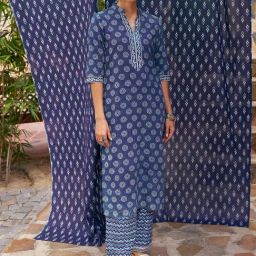 Libas Indigo Blue Cotton Floral Printed Straight Kurta-43