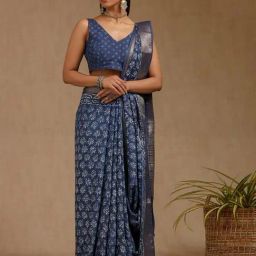 Soch Indigo Viscose Printed Saree With Unstitched Blouse Piece-picture-36